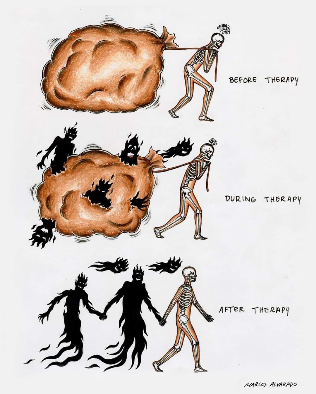 The meme depicts a person's mental health journey, from a chaotic, dark, and frightening state (represented by the "monster in the brain") to a more calm and peaceful state (represented by the person walking away from...