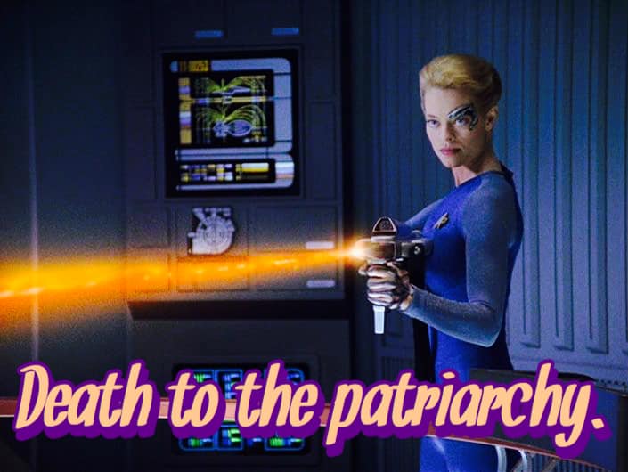 Here’s an analysis of the image, broken down into relevant sections, based on the prompts requested. **Visual Description** The image shows a scene from *Star Trek: Voyager*, featuring the character Seven of Nine, a f...