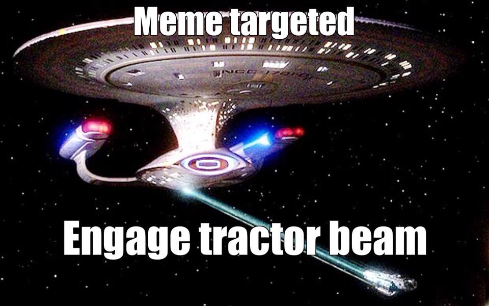 Okay, let's break down this meme image through the requested theoretical lenses. **Visual Description** The image depicts a starship, specifically the USS Enterprise from *Star Trek*. It's rendered against a black, st...