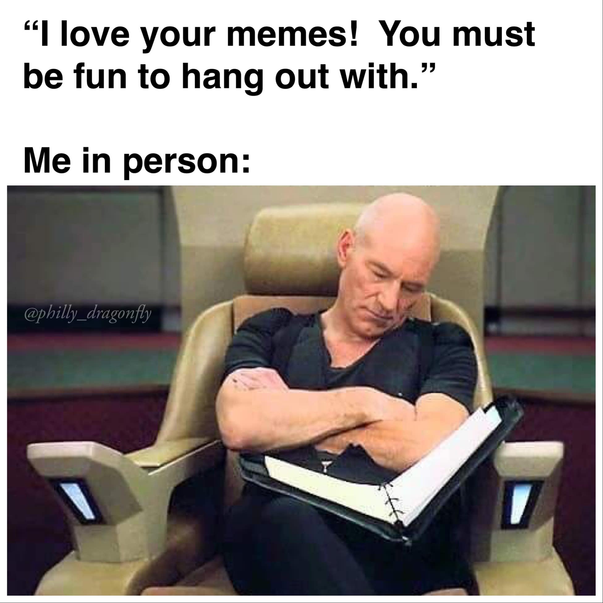 Okay, let's break down this meme through a few different theoretical lenses. It's a rich little image! --- ## Visual Description The meme features a screen capture of Patrick Stewart as Captain Jean-Luc Picard in *Sta...