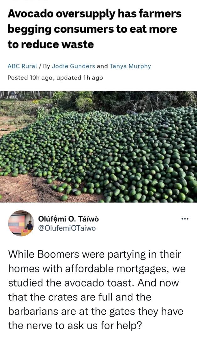 Okay, let's break down this image and accompanying tweet through several critical theory lenses. ## Visual Description The image displays a large quantity of avocados piled up, seemingly in crates. The avocados are gr...