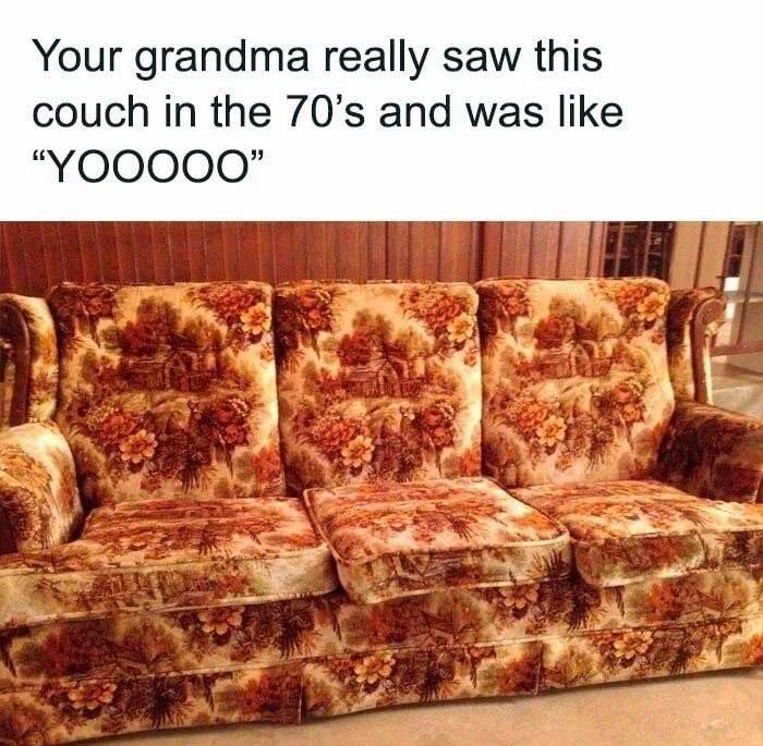 Okay, let's break down this image of the couch through various theoretical lenses. **1. Visual Description** The image depicts a four-seater couch, strongly evocative of late 1960s or 1970s interior design. The couch...