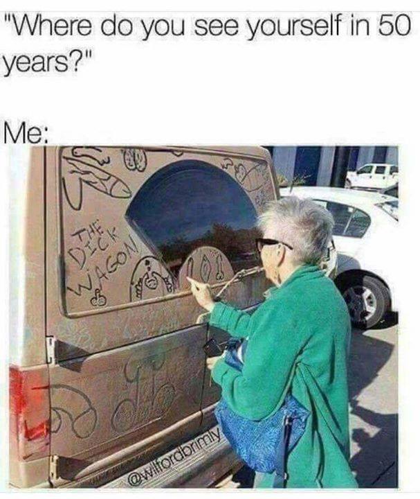 Okay, let's break down this meme through the lens of various theoretical frameworks. **1. Visual Description** The image shows an elderly woman spray-painting graffiti on the back of a brown truck. The graffiti appear...