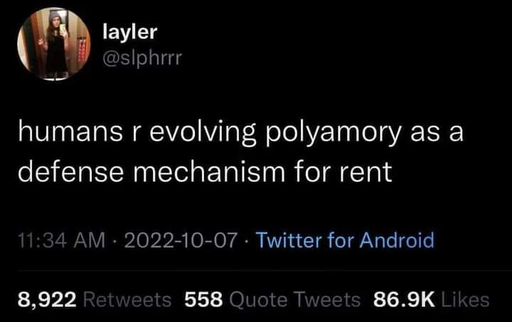 Okay, let's break down this Twitter post ("humans r evolving polyamory as a defense mechanism for rent") through a few theoretical lenses. I'll prioritize the most relevant frameworks and will skip sections that don't...
