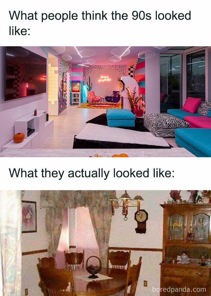 Okay, here's an analysis of the image, broken down into the sections you requested, focusing on how the meme highlights discrepancies in remembered/imagined 1990s aesthetics versus a "reality" (albeit a single, potent...