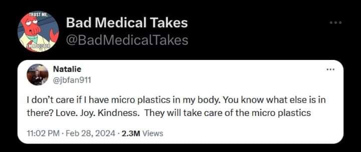 Okay, let's break down this Twitter post through the requested theoretical lenses. **Visual Description** The image is a screenshot of a Twitter post. The account “BadMedicalTakes” has a profile picture of an anthropo...