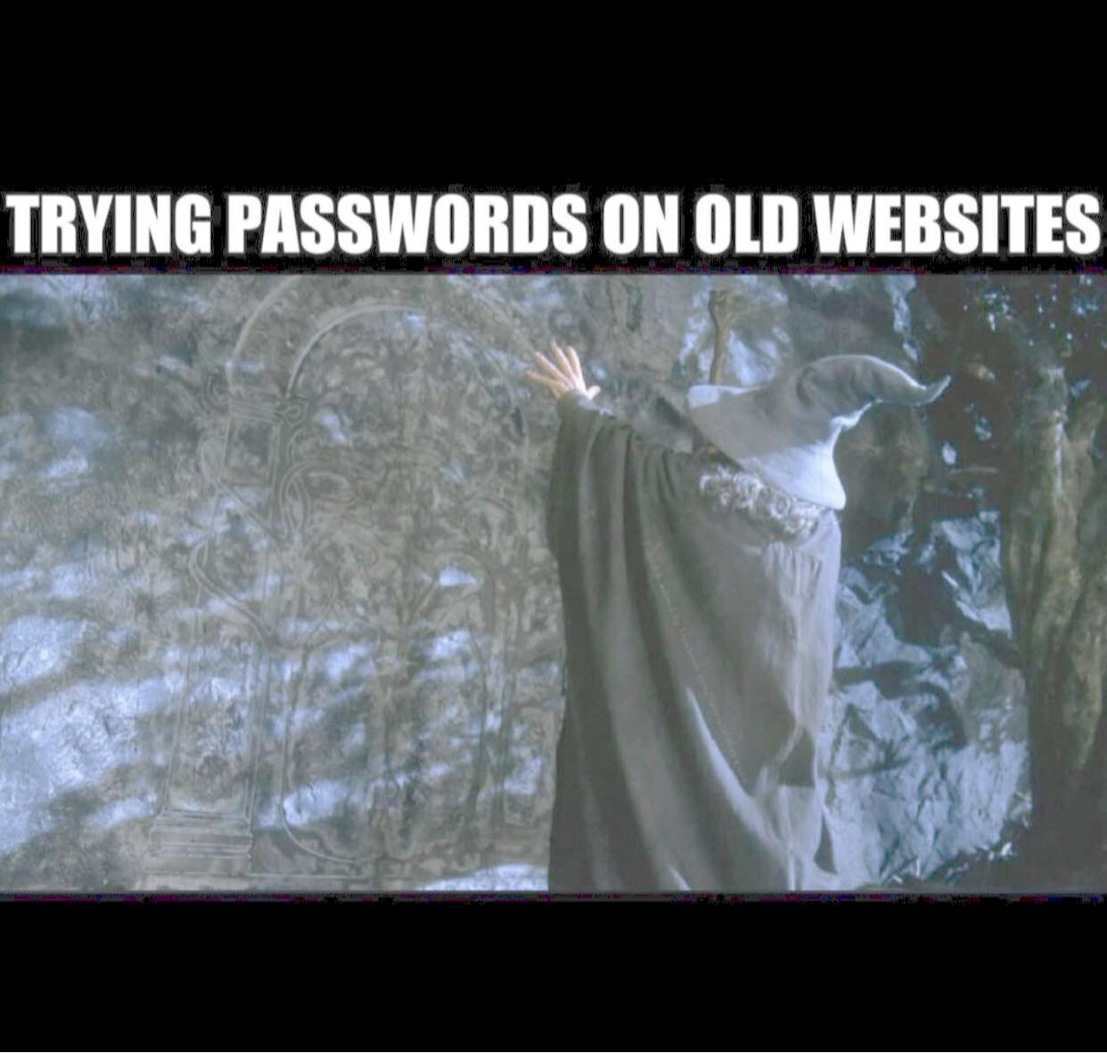 Okay, let's break down this image and meme ("TRYING PASSWORDS ON OLD WEBSITES") through the lenses you've requested. Given the nature of the image and meme, some of these approaches will be more fruitful than others....