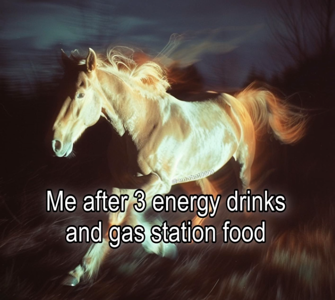 Okay, let's break down this meme featuring a glowing, galloping horse with the caption "Me after 3 energy drinks and gas station food" through a few theoretical lenses. Not all will apply as strongly, so I'll indicate...