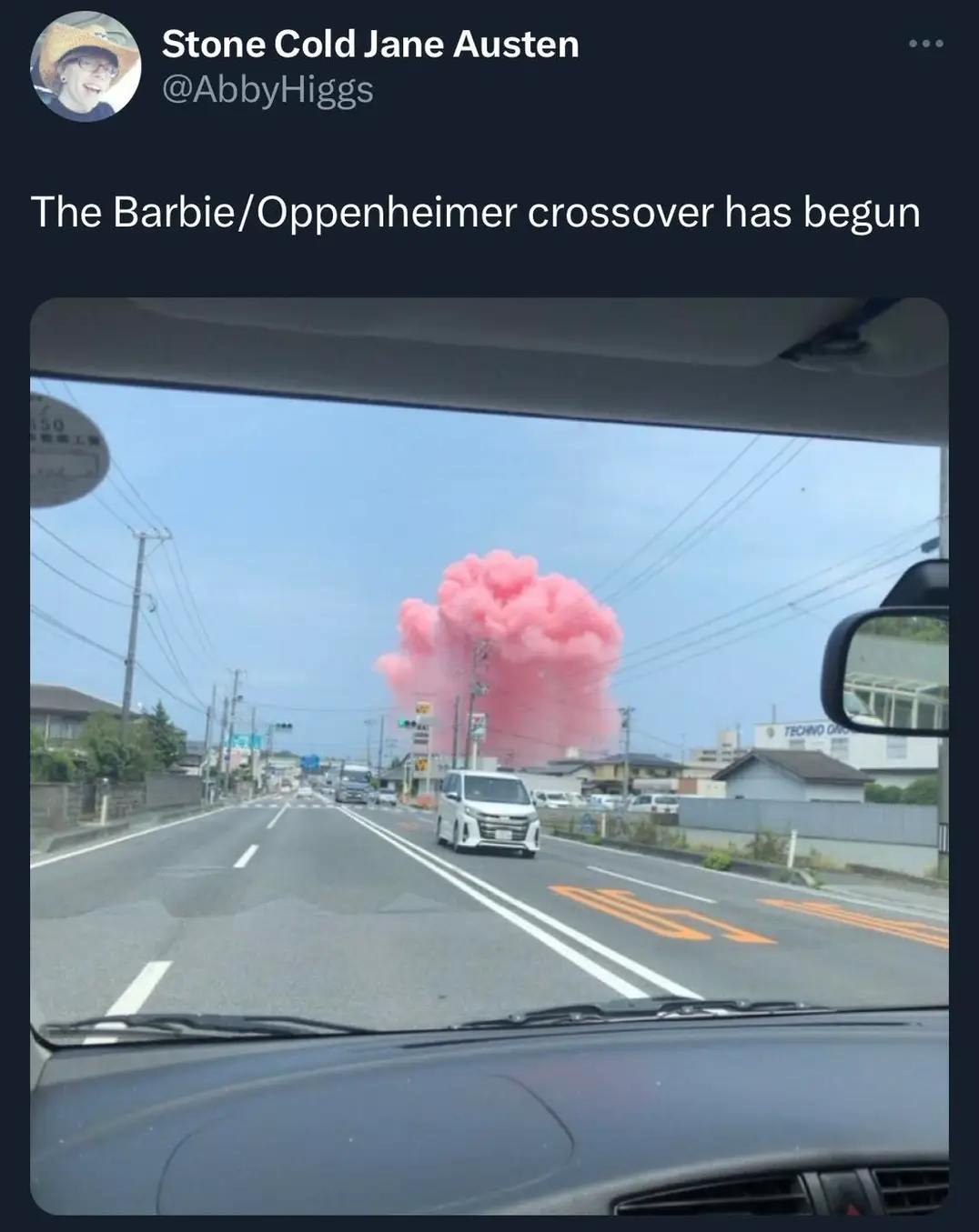 Okay, let's break down this image and the accompanying tweet ("The Barbie/Oppenheimer crossover has begun") through several theoretical lenses. It's a fairly rich image, especially given its immediate context (the sim...