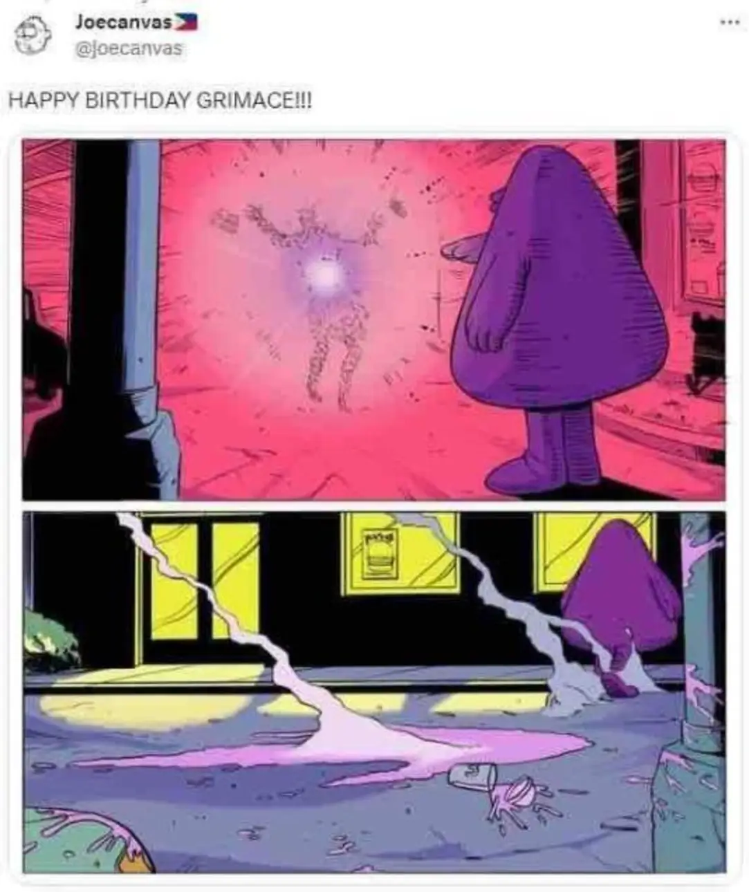 Okay, let's break down this artwork (from the @joeccanvas Instagram post) through several critical lenses. Given the imagery and implied context (birthday celebration of Grimace), many of these lenses *will* apply. **...