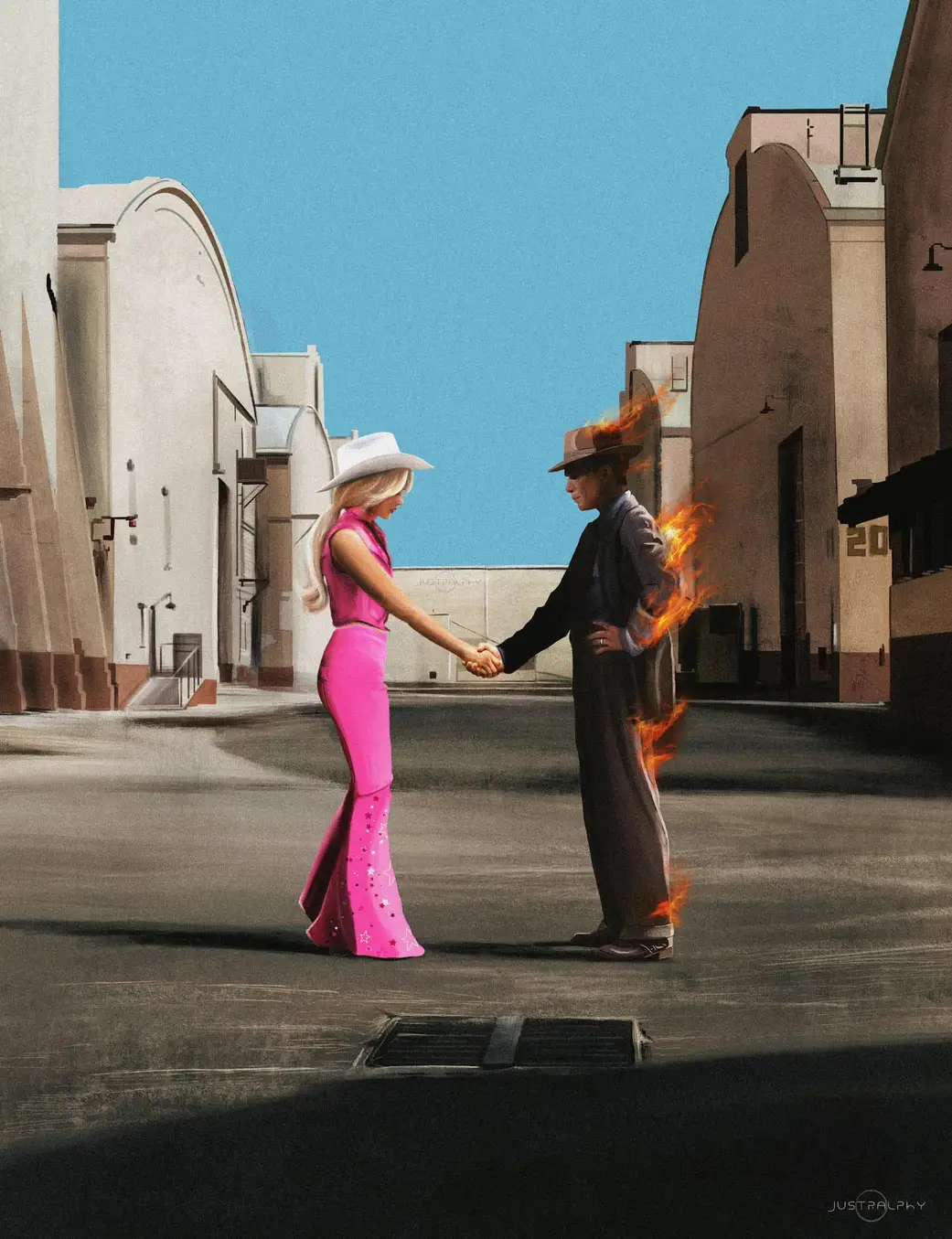 Okay, let's break down this image through a series of analytical lenses. It's a fascinating piece, ripe for interpretation. **Visual Description** The image depicts a striking juxtaposition. A heavily stylized Barbie...