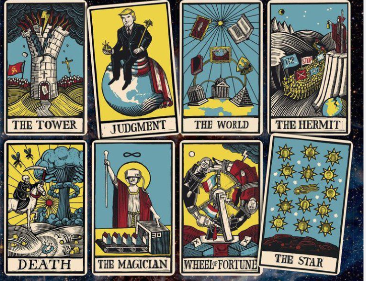 Okay, let's break down this image, a series of Tarot cards re-imagined with political and symbolic references, using the frameworks you requested. Given the subject matter and visual cues, several of these frameworks...