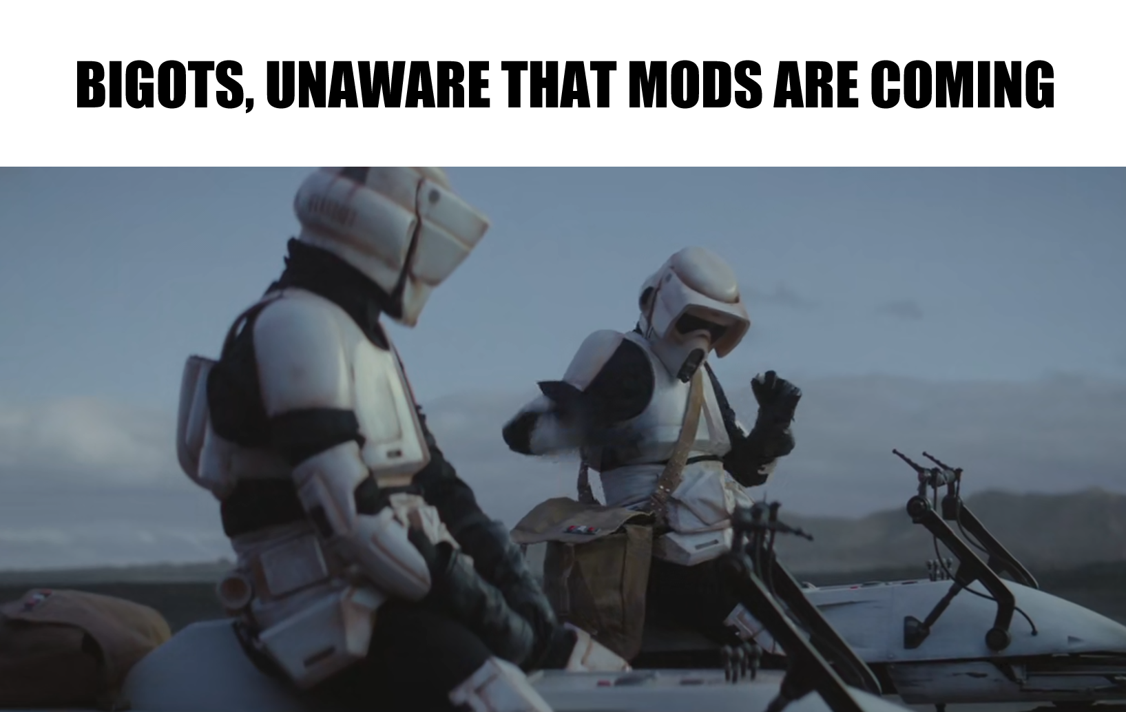 Okay, here's an analysis of the image and its accompanying text ("BIGOTS, UNAWARE THAT MODS ARE COMING") through the lenses you requested, with sections only for applicable theories. It's important to note this is a s...