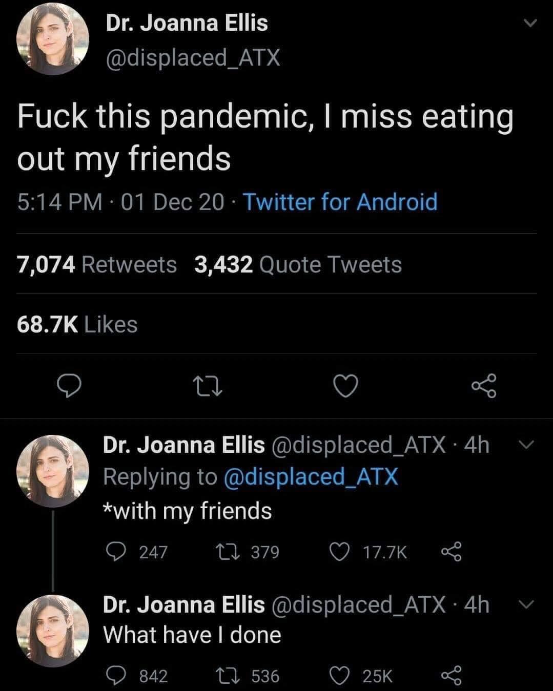 Okay, let's break down this Twitter thread from Dr. Joanna Ellis (@displaced_ATX) through various theoretical lenses. **Visual Description** The image presents a screenshot of a Twitter thread. There are three tweets...
