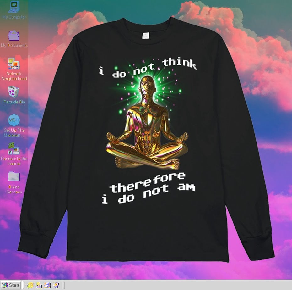 Okay, let's break down the image of the long-sleeved shirt with the digital Buddha, drawing on the requested theoretical frameworks. **Visual Description** The image depicts a black, long-sleeved shirt. The central de...