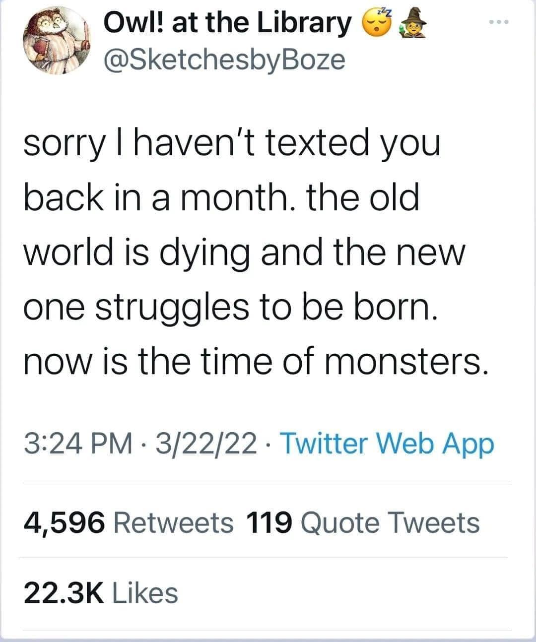 Okay, let's break down this Twitter post through the lenses you've requested. **Visual Description** The image shows a Twitter post. The account name is “Owl! @SketchesbyBoze” and features a profile picture of an illu...