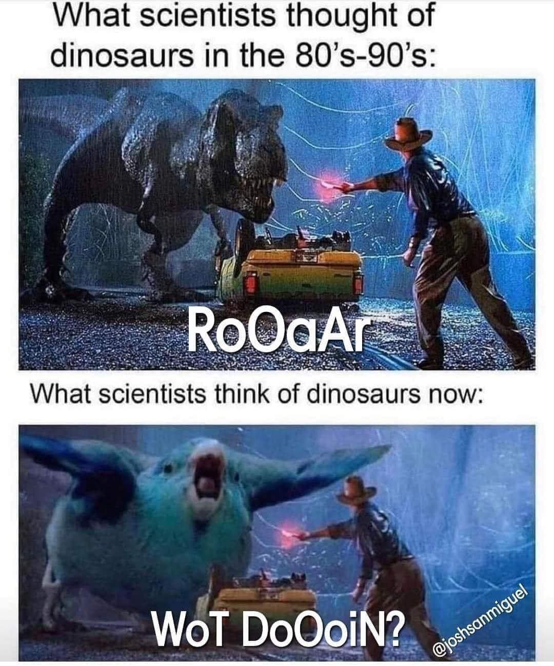 Okay, let's break down this meme through the lenses of various critical theories, applying them only where relevant. ## Visual Description The meme is a two-panel comparison. * **Top Panel:** Depicts a scene from *Jur...