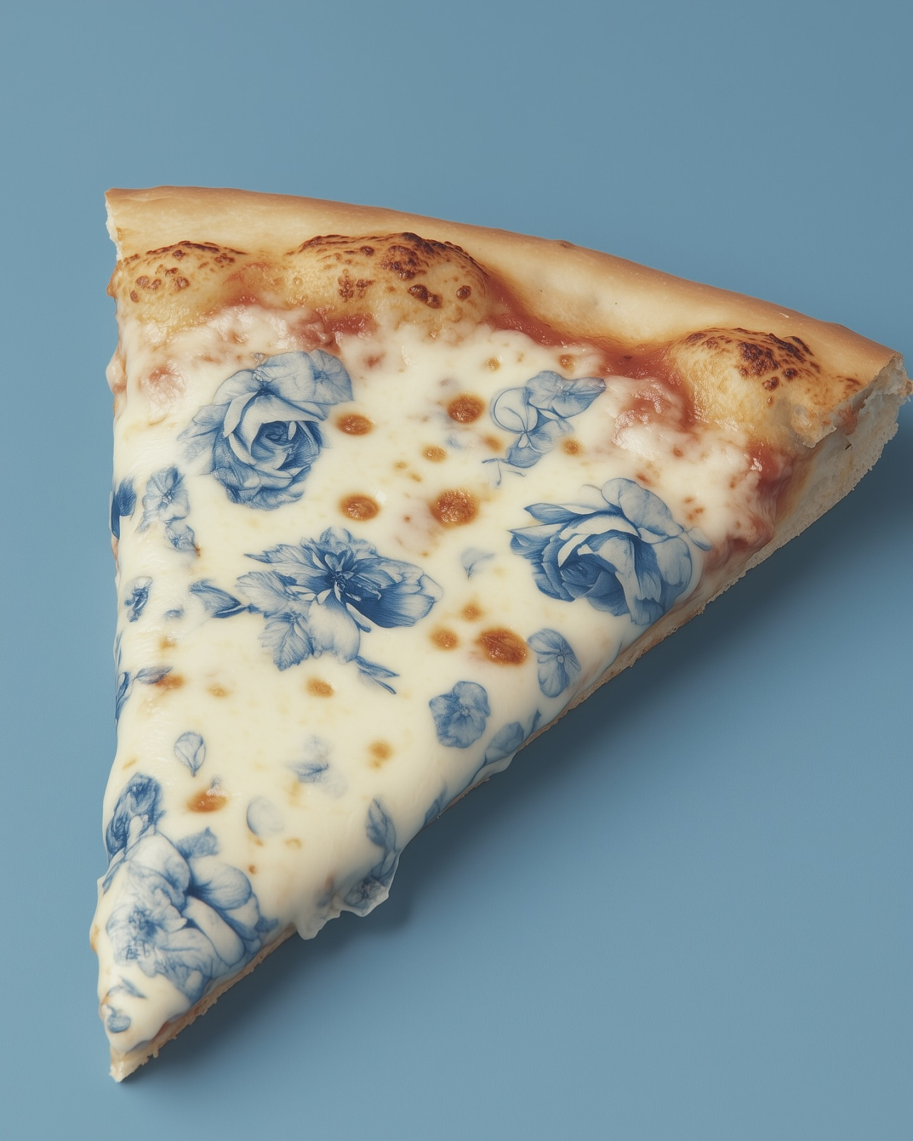 Okay, let's analyze this rather unusual image of a floral-patterned pizza slice, using the frameworks requested. **Visual Description** The image presents a single slice of pizza, positioned at a slight angle on a fla...