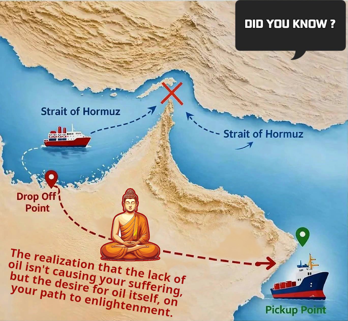 This image mimics Neo-Dadaist techniques through its chaotic collage, where a serene Buddhist icon is placed directly against a fragmented map of shipping routes to highlight the absurdity of modern geopolitical dispu...