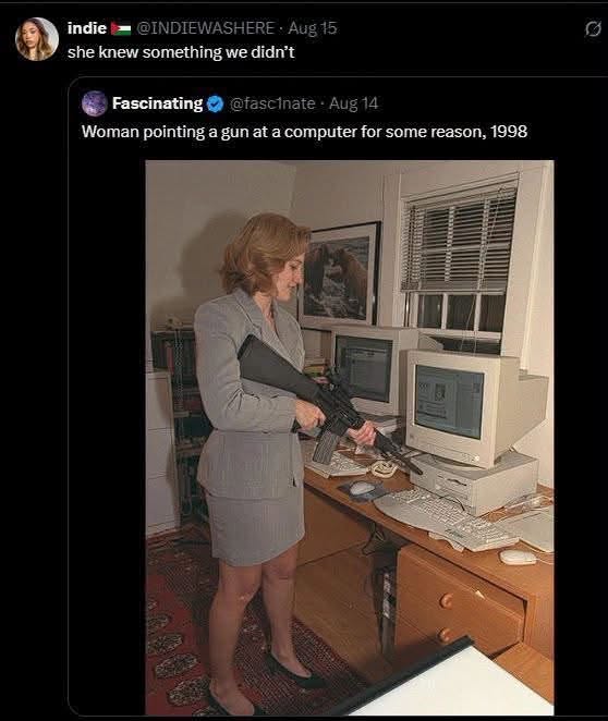 This meme functions as a **Neo-Dadaist** artwork by juxtaposing a mundane, calm scene of a woman at a desk with a shocking, violent reality—holding a rifle. In this context, it mocks the logical structure of internet...