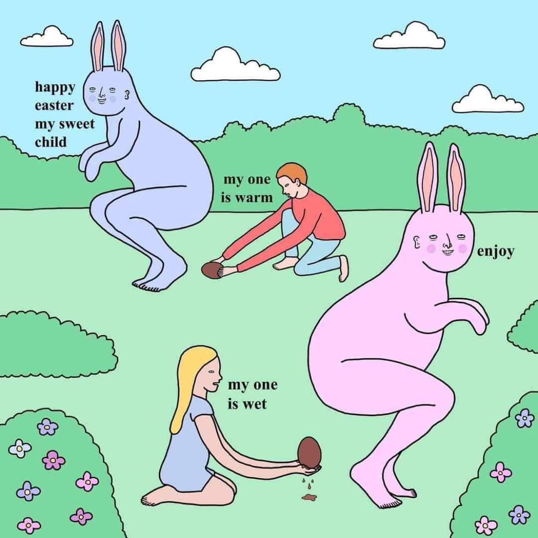 The meme is an image of a series of anthropomorphic, pastel-colored rabbits in various poses, with each one labeled with a phrase that is a contradictory or ironic description of the rabbit's appearance or situation....