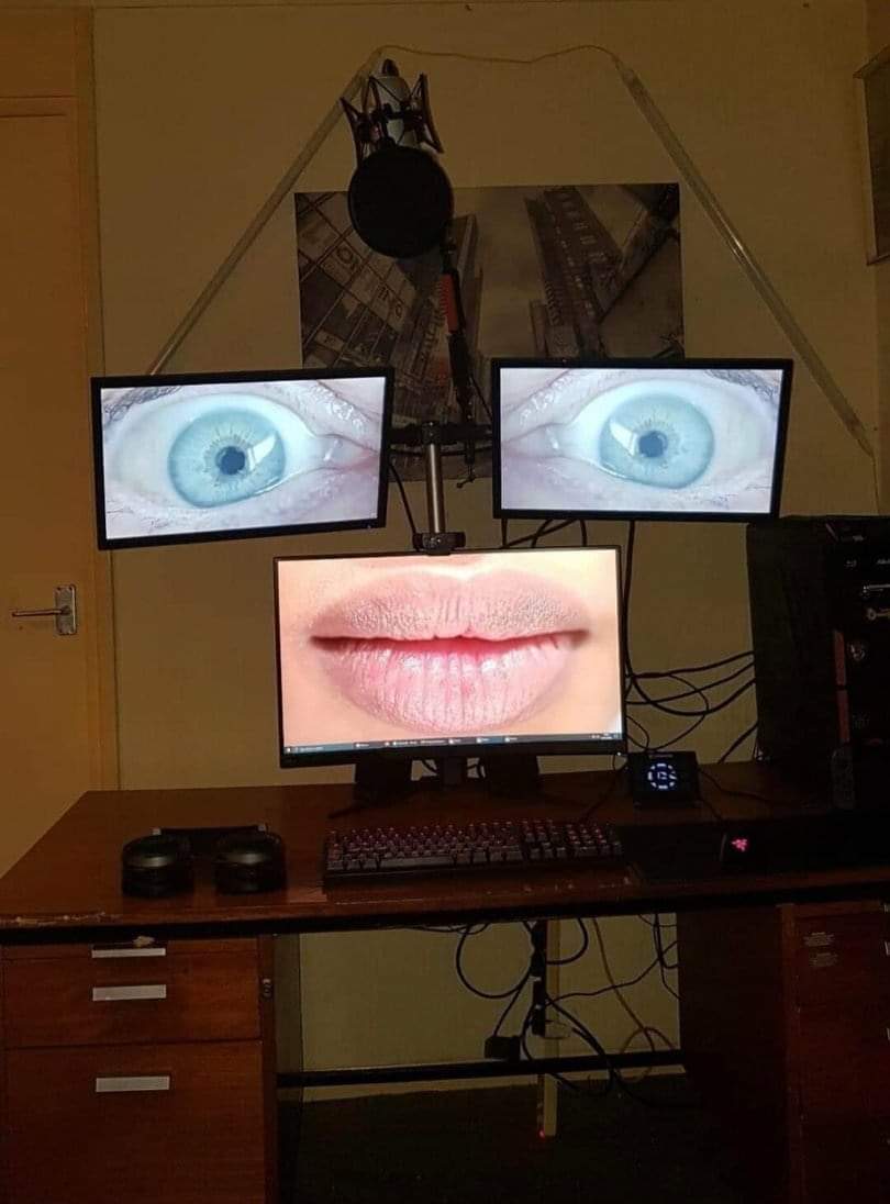 The meme is a photo of a computer monitor displaying a close-up of a woman's lips, with a bold, red-lipped smile. The image is a play on the concept of Neo-Dadaism, a movement that challenges traditional notions of ar...