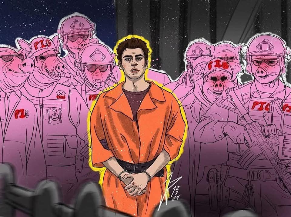 Okay, let's break down this image across the requested theoretical lenses. This is a complex image, so the analyses will be detailed. **Visual Description** The image depicts a young man in an orange jumpsuit standing...