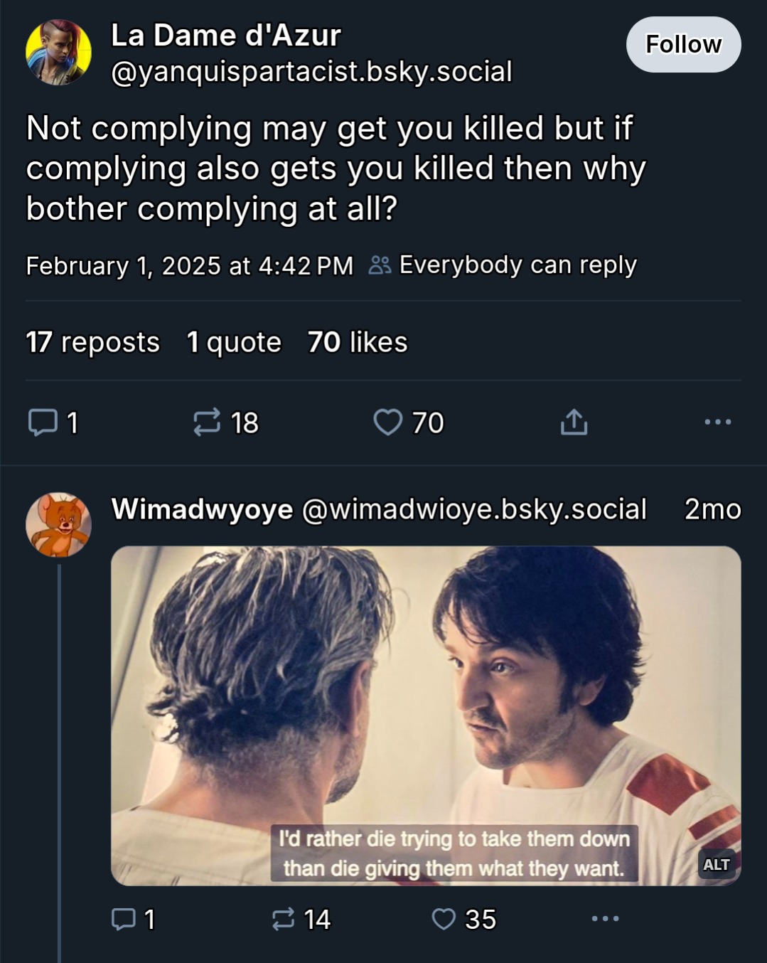 Okay, let's break down this social media post using the requested theoretical lenses. **I. Visual Description** The post consists of two elements: text and an image. * **Text:** The first post is a question posed by u...