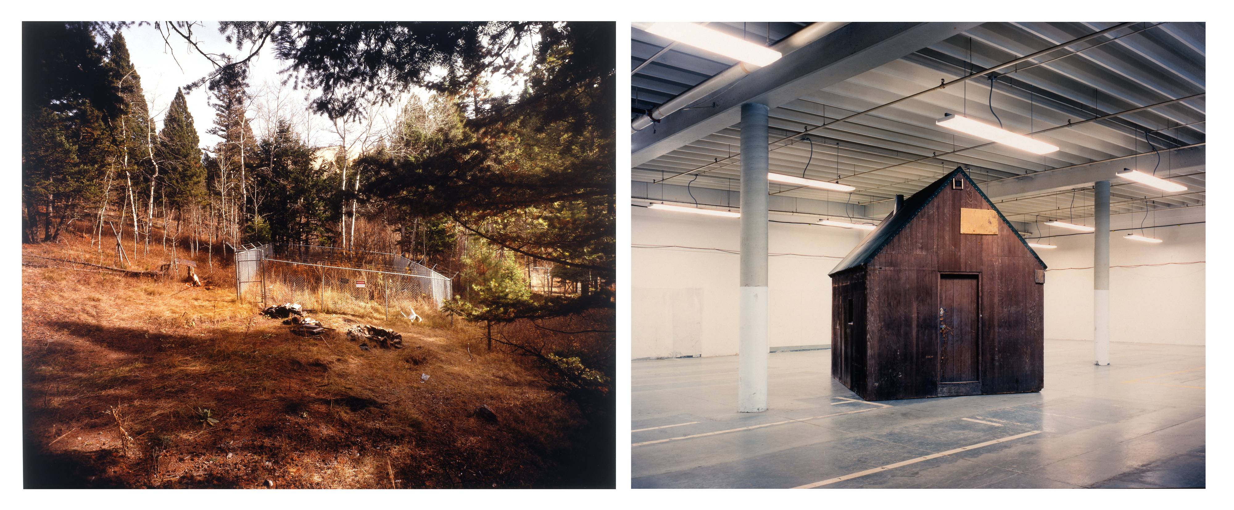 Okay, let's break down these images with the requested theoretical lenses. The images depict a small, dilapidated wooden structure in two different contexts: first, located in a forested, potentially remote, natural l...