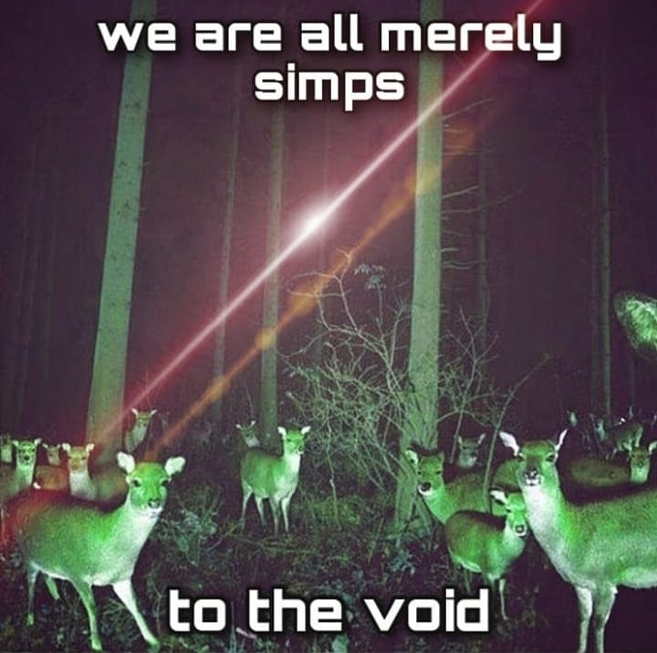 Okay, let's break down this meme image across several theoretical lenses. It’s a complex image ripe for interpretation. ## Visual Description The image depicts a group of deer, illuminated by a bright green light, sta...
