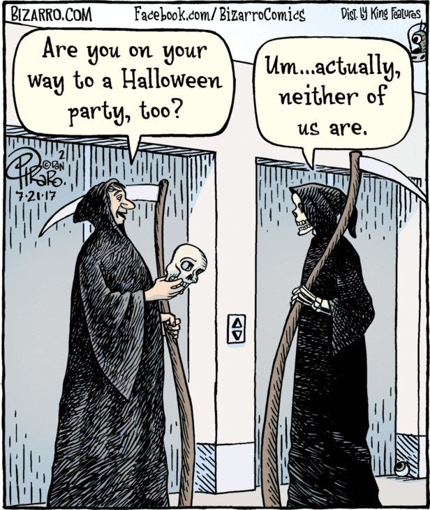 Okay, let's break down this Bizarro cartoon through the lens of various theoretical frameworks. **Visual Description** The cartoon, titled “Bizarro,” depicts two figures dressed as Grim Reapers standing in front of a...