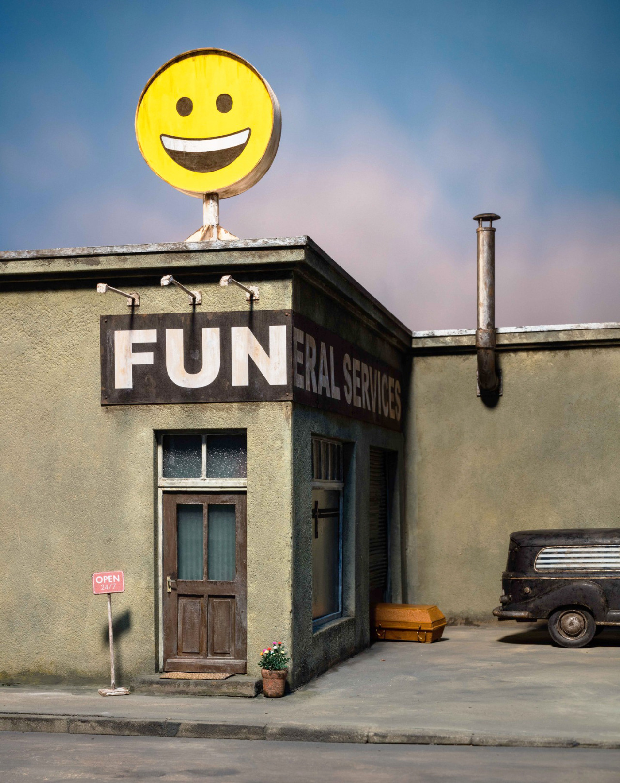 Okay, let's analyze the image based on the requested theoretical frameworks. **Visual Description** The photograph depicts a small, aging building labeled "FUNERAL SERVICES" in large, bold, capital letters. The buildi...