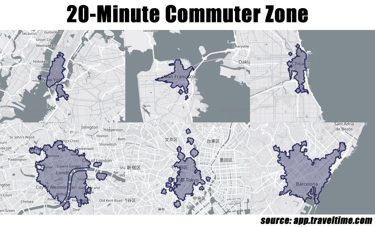 Okay, let's break down this image of "20-Minute Commuter Zones" across several cities, utilizing the requested theoretical frameworks. ## Visual Description The image is a composite map displaying the 20-minute commut...