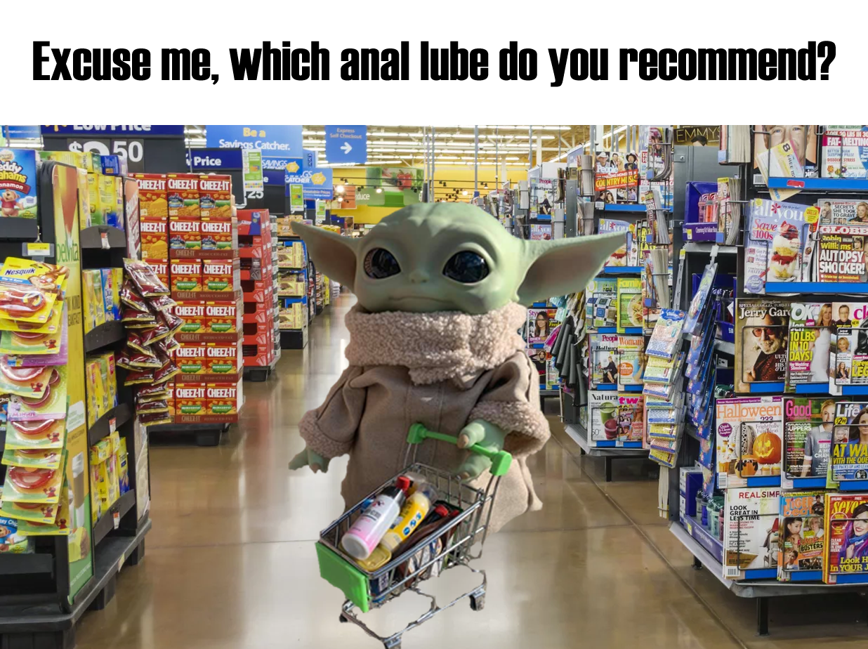 Okay, here's an analysis of the image, broken down into sections as requested. Given the nature of the image (a digitally manipulated image of "Baby Yoda" in a grocery store asking about anal lube), some of these appr...