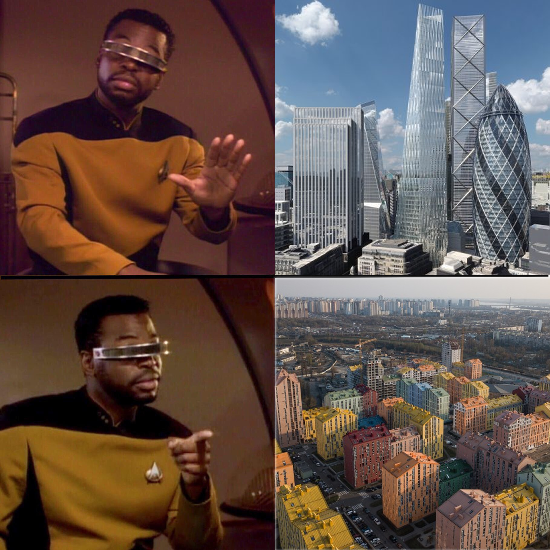 Okay, let's break down the imagery provided, analyzing it through the requested theoretical lenses. The image presents a juxtaposition: LeVar Burton as Geordi La Forge from *Star Trek: The Next Generation* (in two pan...