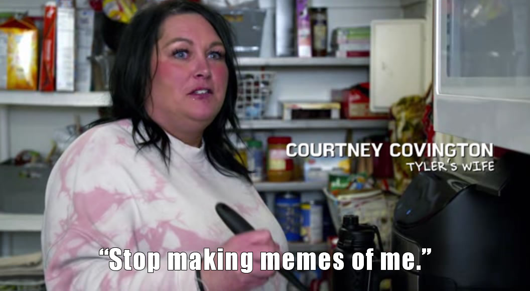 Okay, let's analyze the image of Courtney Covington (Tyler's wife) with the text "Stop making memes of me" through the lenses of various theoretical frameworks. **Visual Description** The image is a screen capture fro...