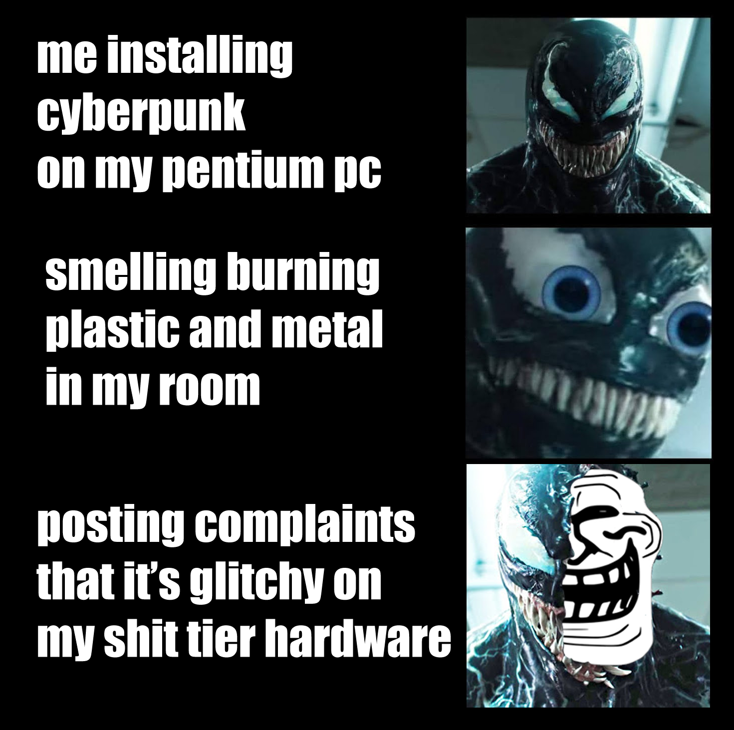 Okay, let's break down this meme using the lenses you've provided. It's a layered piece, even in its seeming simplicity, ripe for analysis. **Visual Description** The image is a vertically arranged, three-panel meme....