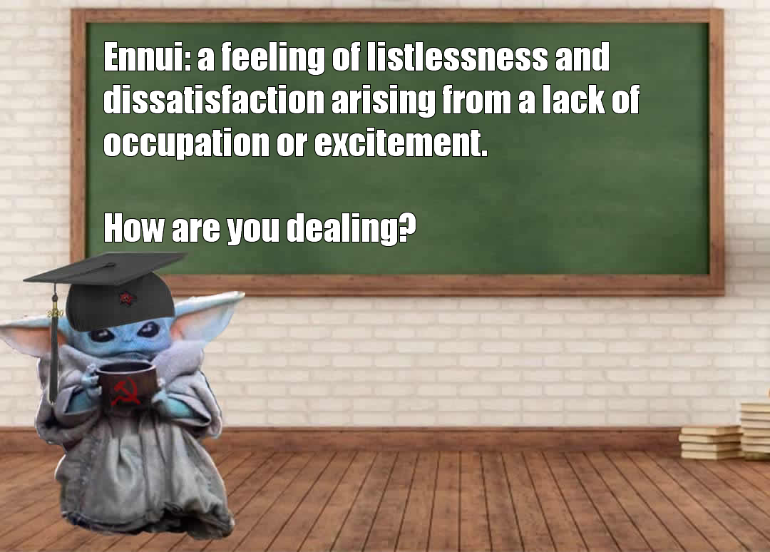 Okay, let's break down this image through several theoretical lenses. It's a layered image, ripe for critical analysis. **1. Visual Description** The image depicts a chalkboard with the definition of "Ennui" (a feelin...