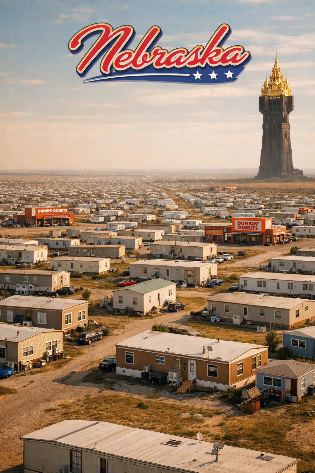 This image is an example of the "Over The City" meme, a popular internet parody that mocks TV shows like "Tales From Hell." It depicts a vast, dusty town filled with endless rows of mobile homes that serve as a visual...