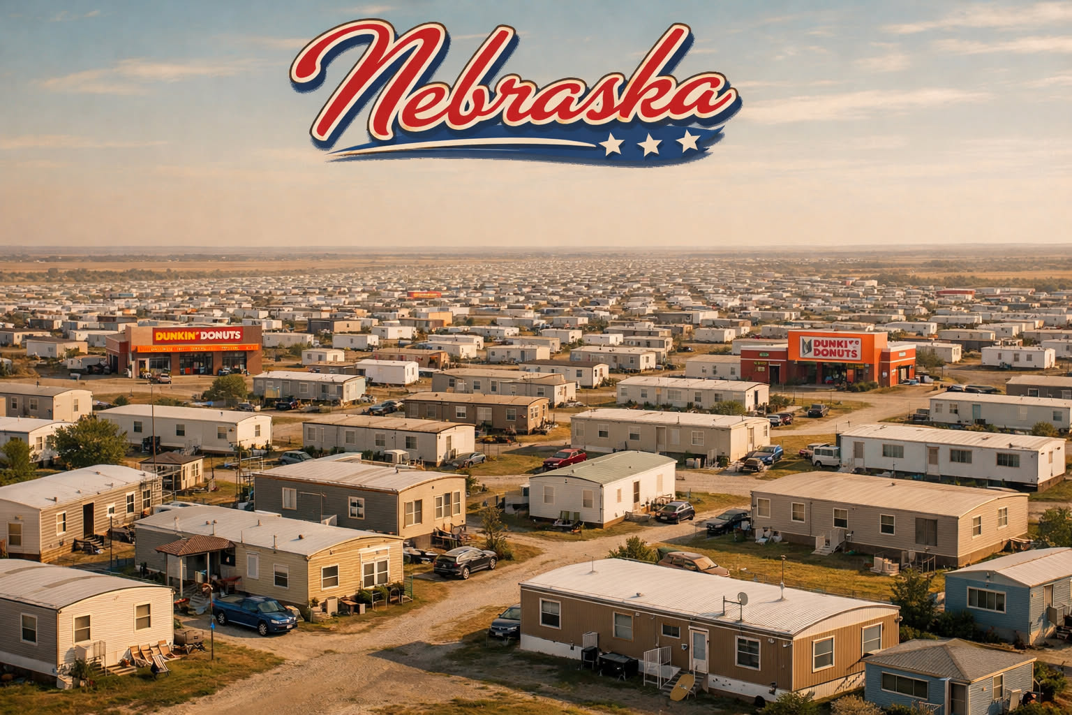 This meme plays on the internet stereotype that Nebraska is a vast, empty landscape. Instead showing a flat horizon, it depicts an incredibly crowded mobile home park stretching into the distance. The text "Nebraska"...