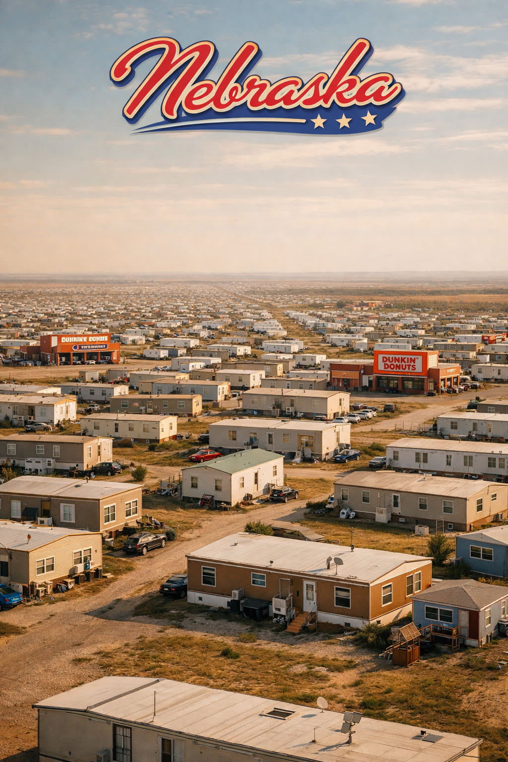 This image displays a vast landscape filled with rows of mobile homes and retail stores, including visible Dunkin' Donuts franchises. A large red banner labeled "Nebraska" has been superimposed on top of the photo, cr...