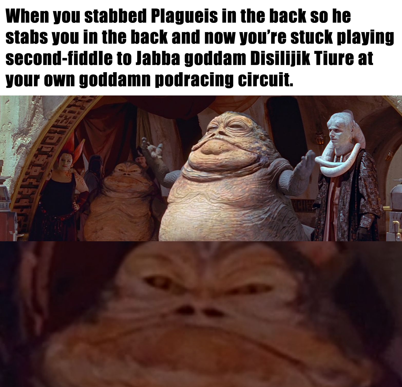 Okay, let's break down this *Star Wars*-themed meme using the requested theoretical lenses. It's quite a layered meme, so we'll have a robust analysis. **Visual Description** The meme is a two-panel format. The top pa...