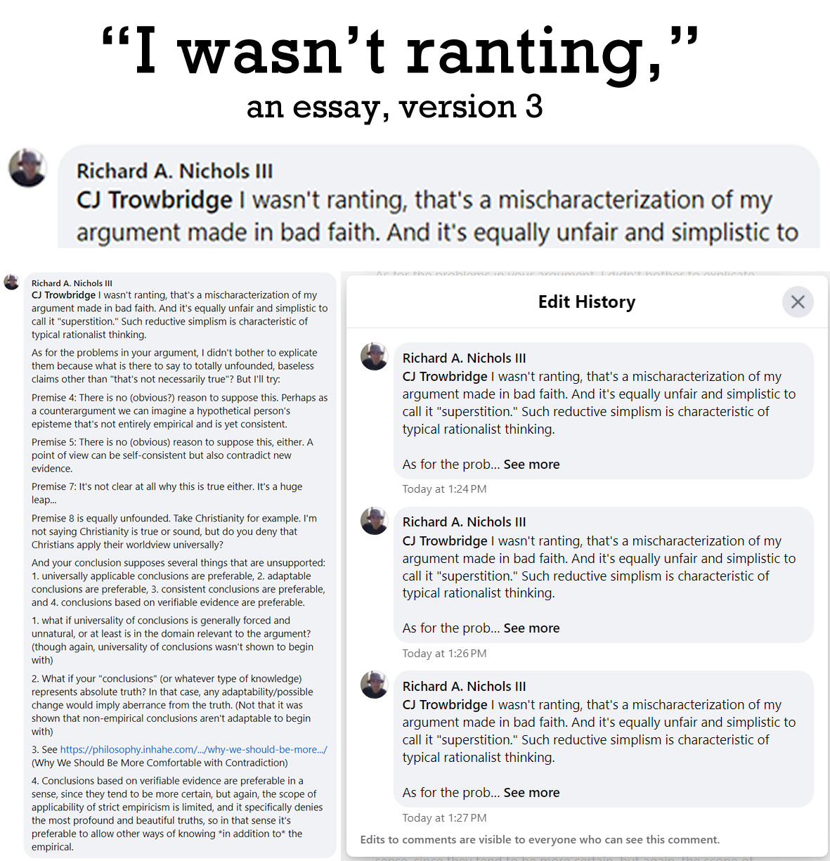 Okay, here's an analysis of the provided screenshot of a document titled "Richard A. Nichols III - 'I wasn't ranting'," broken down into sections as you requested, focusing on aspects where the content lends itself to...