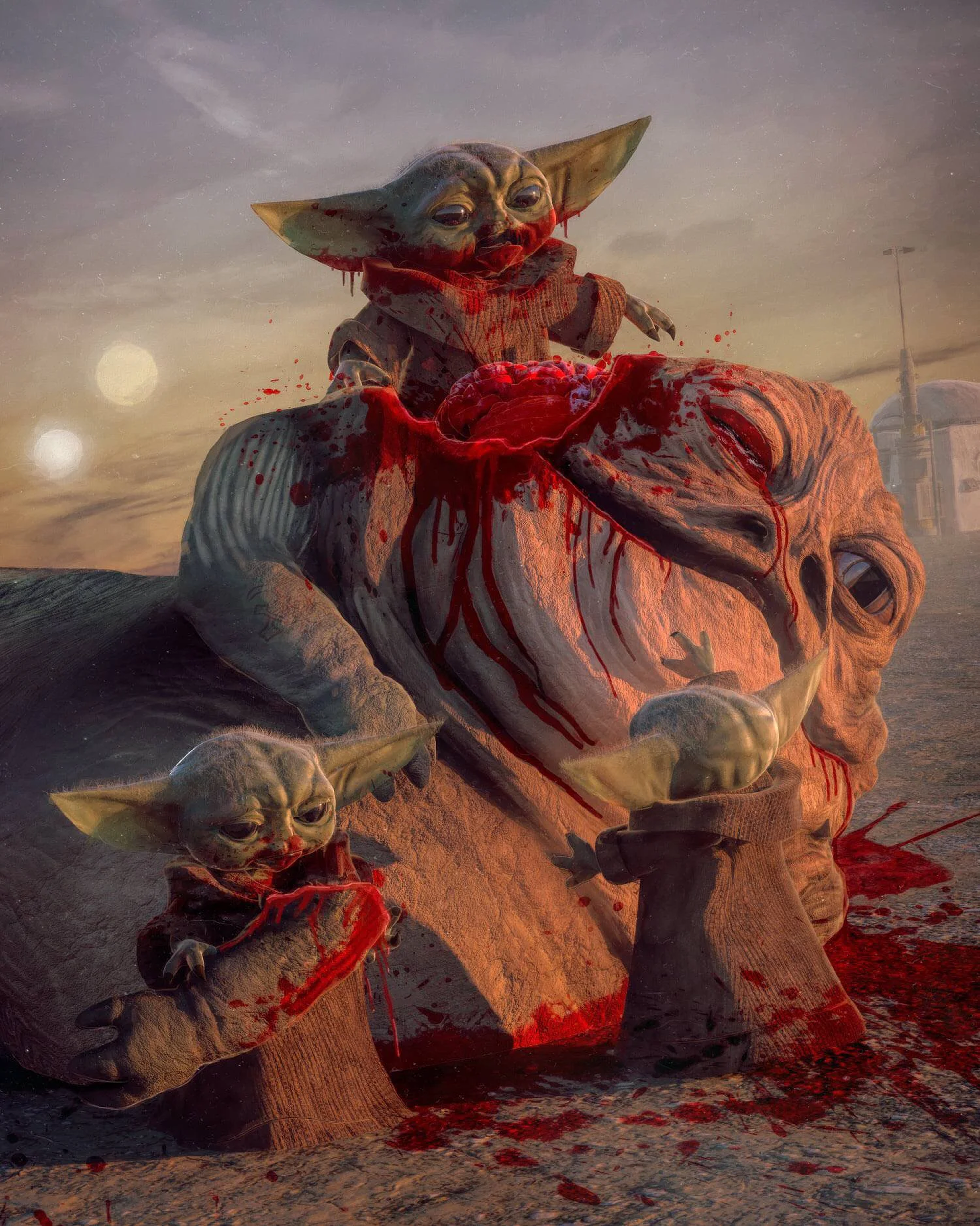 Okay, let's analyze this disturbing and unsettling image, breaking it down through several theoretical lenses. **Please be warned: the image is graphic and disturbing, depicting violence and likely intends to shock. T...