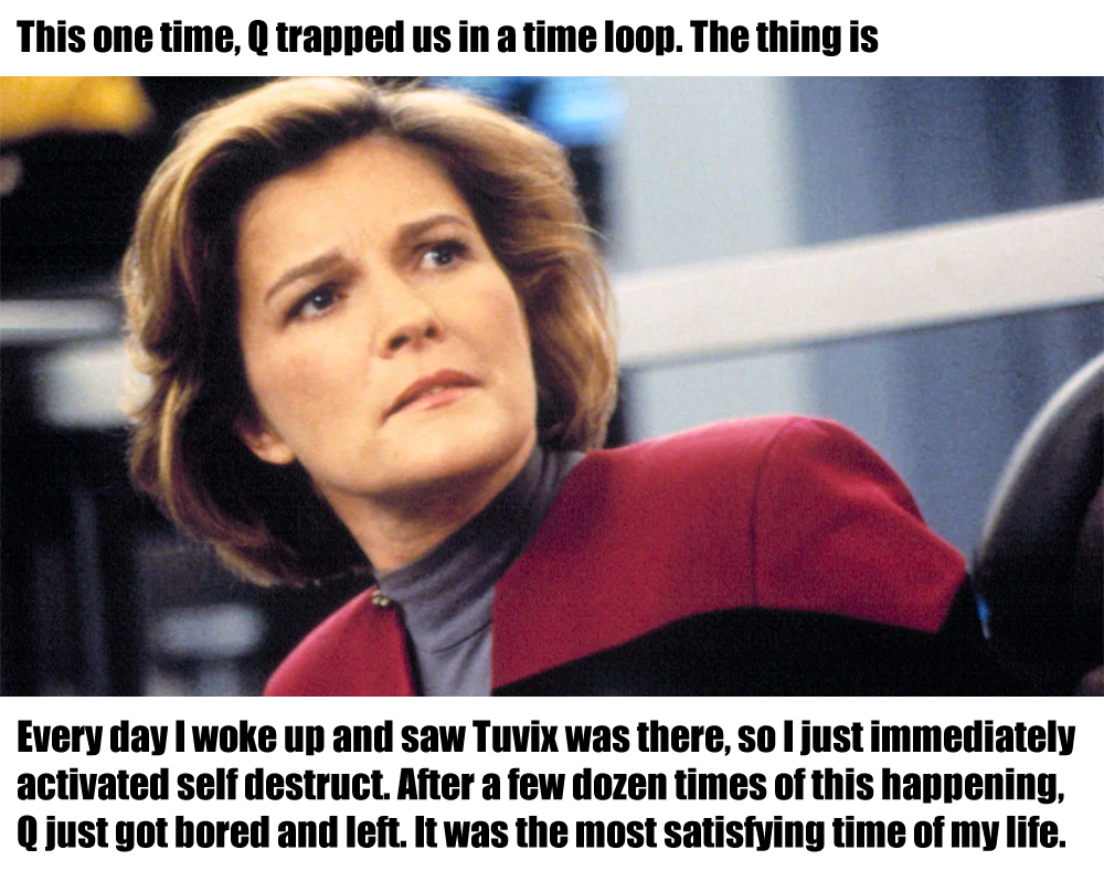 Okay, let's break down this image/meme using the lenses you've provided. It's a fascinating text to analyze, particularly given the layered references within *Star Trek* and the absurdly relatable confession at the en...