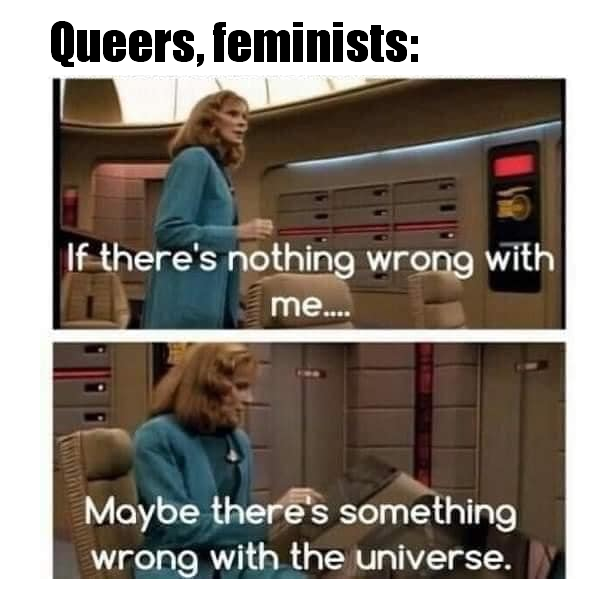 Okay, let's break down this meme through several theoretical lenses. **Visual Description** The image is a two-panel meme taken from a scene featuring Counselor Deanna Troi from *Star Trek: The Next Generation*. * **P...