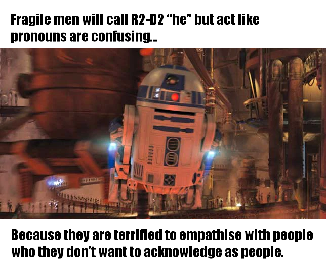 Okay, let's break down this meme through the lens of various critical theories. It's important to note that these theories often overlap and inform each other. ## Visual Description The image features R2-D2, the astro...