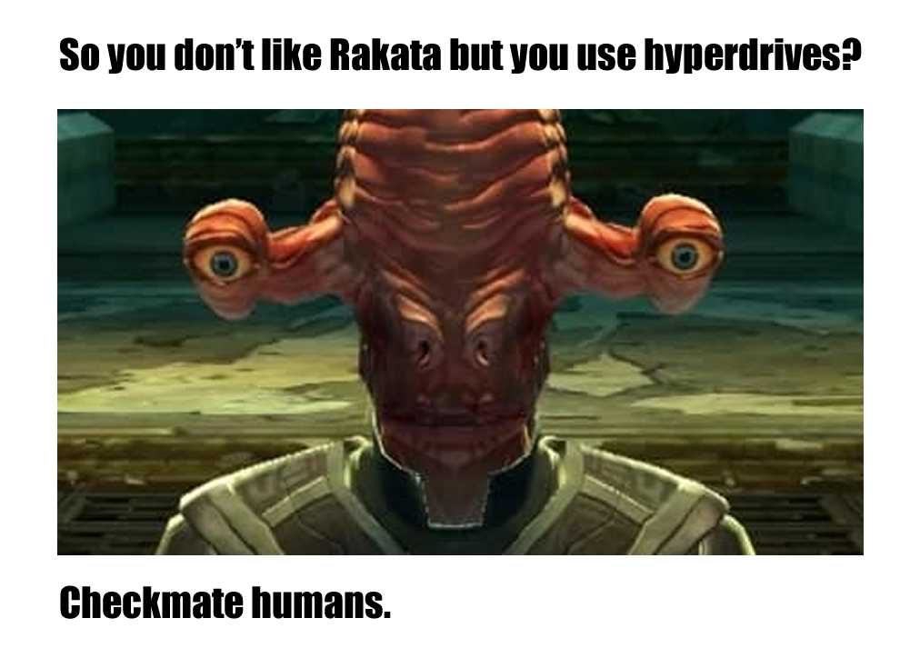 Okay, let's break down this *Star Wars* meme through several theoretical lenses. **Visual Description** The image depicts a close-up of a Rakatan Infinite Empire character, specifically a male Rakatan. He has prominen...