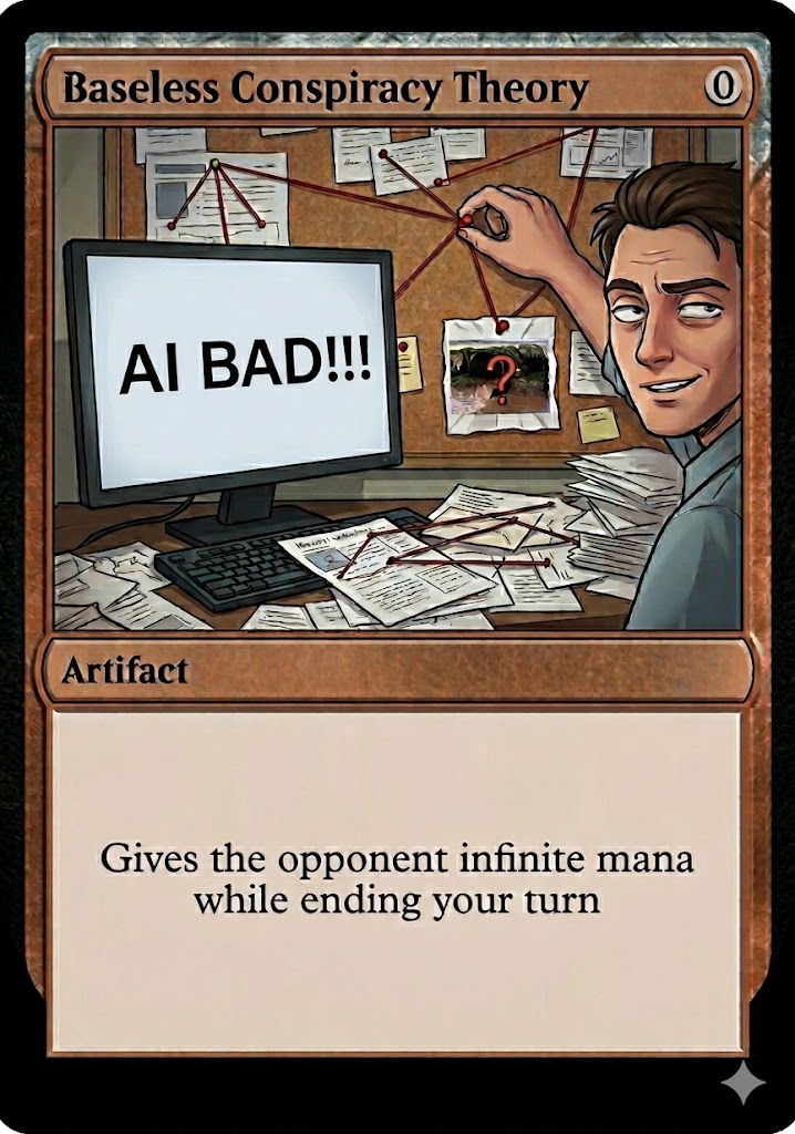 Imagine a character who has become convinced that their digital environment is malfunctioning, believing a mysterious voice or data stream to be 'AI BAD!!!'. Therefore, they are surrounded by evidence on a corkboard (...