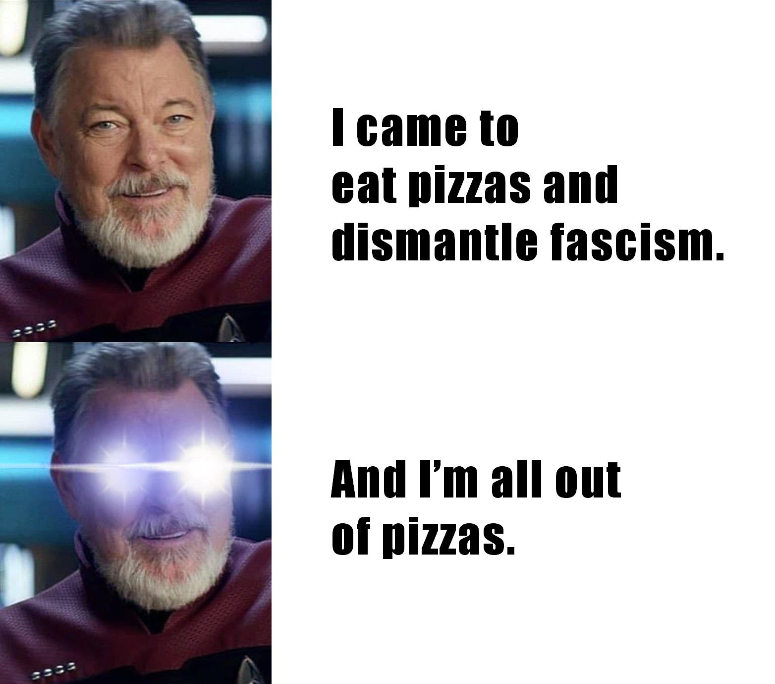 Okay, let's break down this meme using the requested theoretical frameworks. **Visual Description** The image features a split composition. On the left is a close-up of actor Patrick Stewart in character as Jean-Luc P...